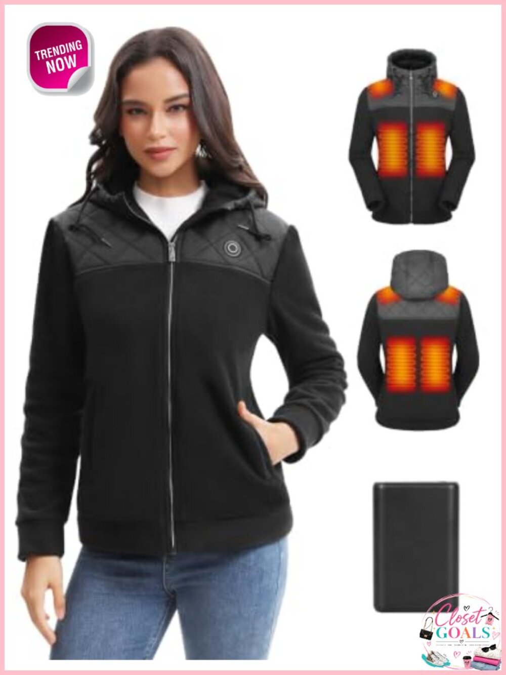 Heated Jacket for Women Fleece Hoodie Coat with 12V Battery, 6 Heating Zones,